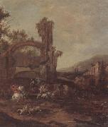 unknow artist An architectural capriccio with a cavalry engagement,a landscape beyond china oil painting reproduction